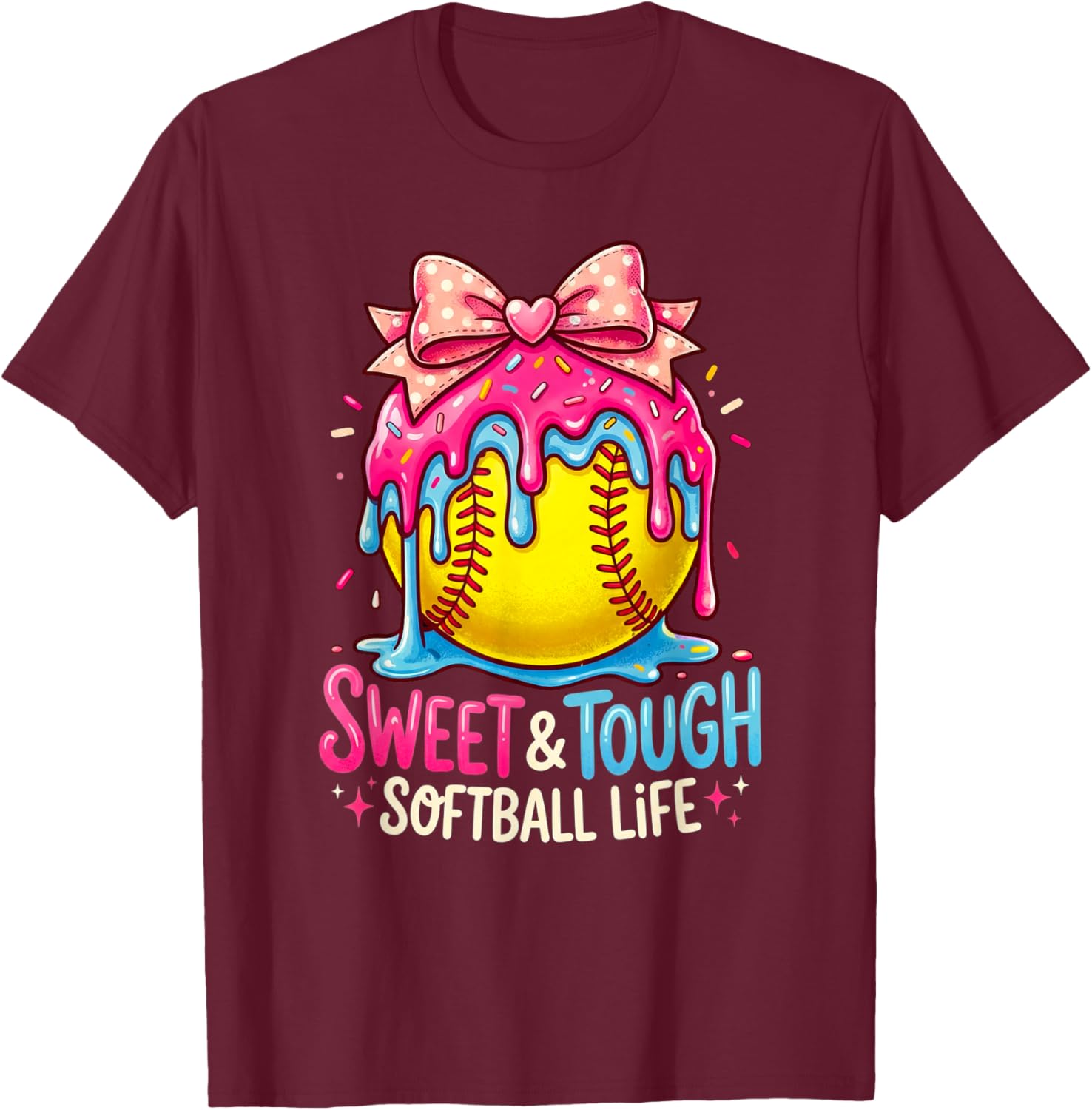 Drip Softball Girl Girls Coquette Bow Softball T-Shirt - T-Shirt | Maroon
