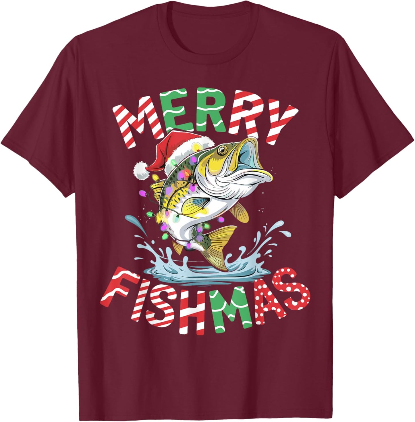 Merry Fishmas Santa Fishing Funny Fisherman Christmas T-Shirt - T-Shirt | Maroon