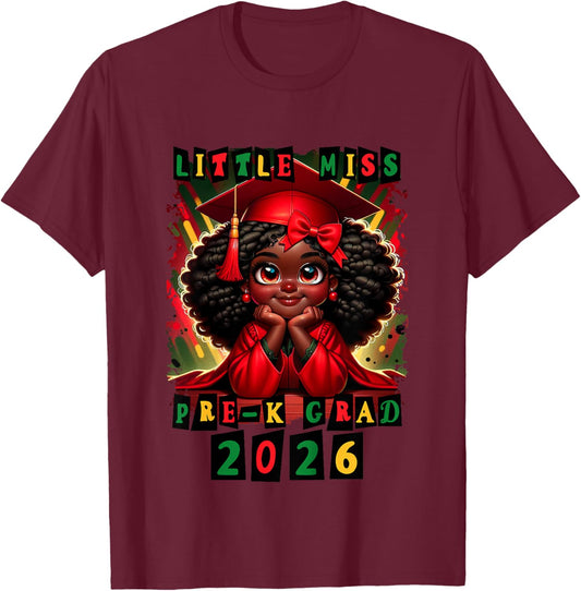 Little Miss Pre-K Grad 2026 Black Girl Preschool Graduation T-Shirt - T-Shirt | Maroon