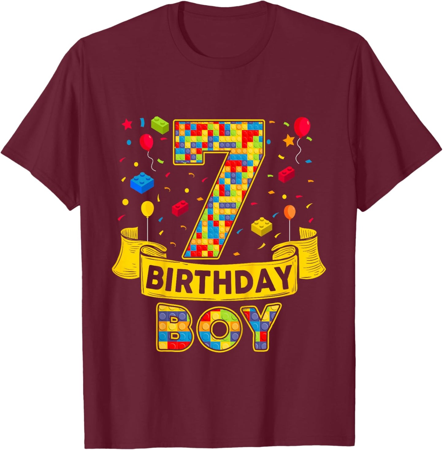 7th Birthday Boy Brick Builder I'm 7 Year Old Birthday T-Shirt - T-Shirt | Maroon