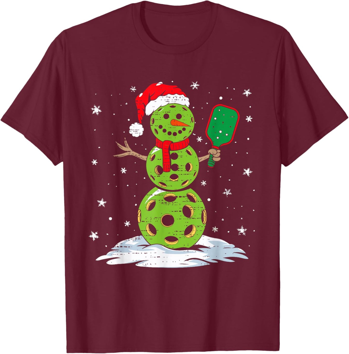 Christmas Pickleball Snowman Xmas Santa Hat Kids T-Shirt - T-Shirt | Maroon