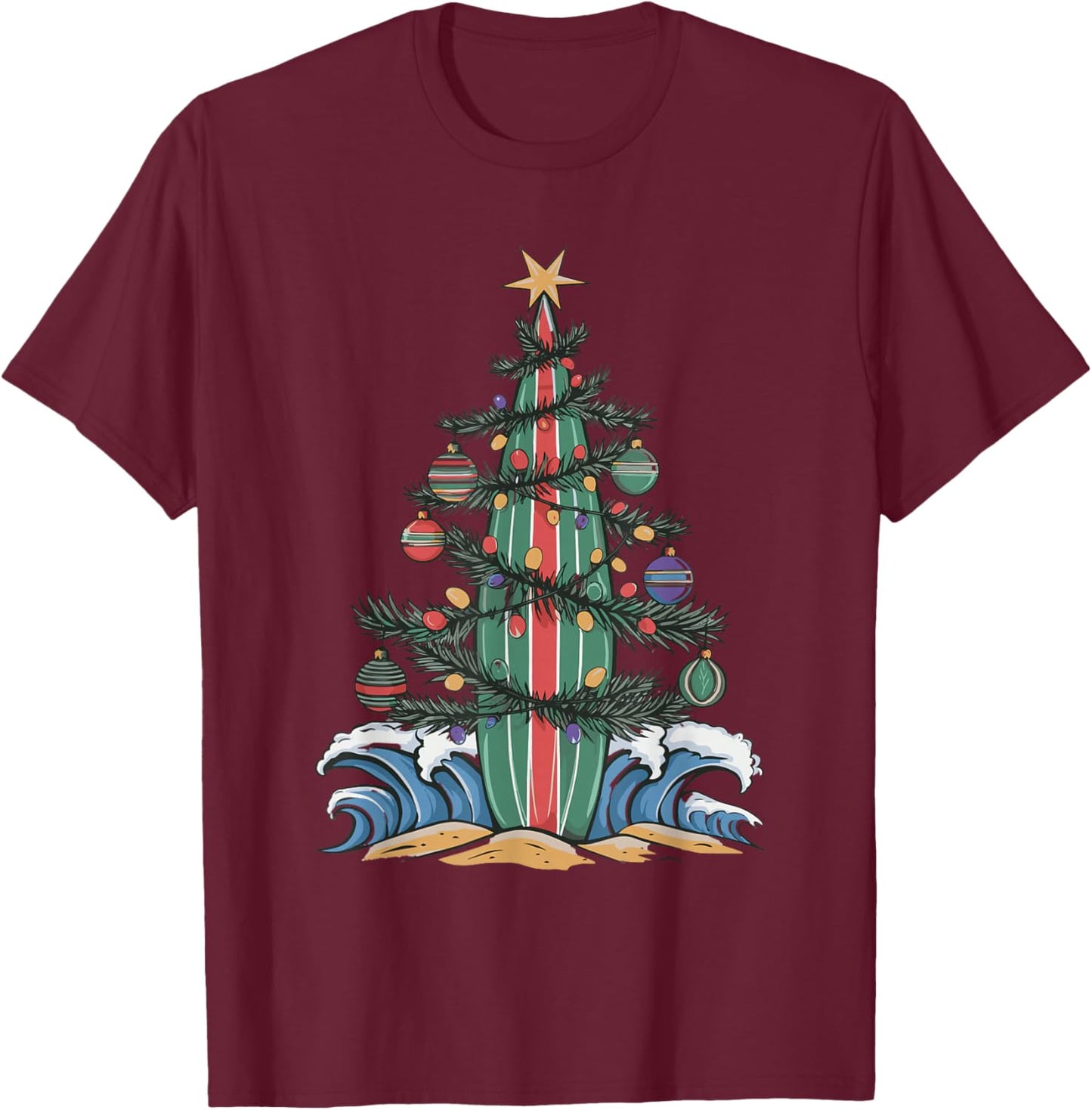 Christmas Tree Surfboard T-Shirt - T-Shirt | Maroon
