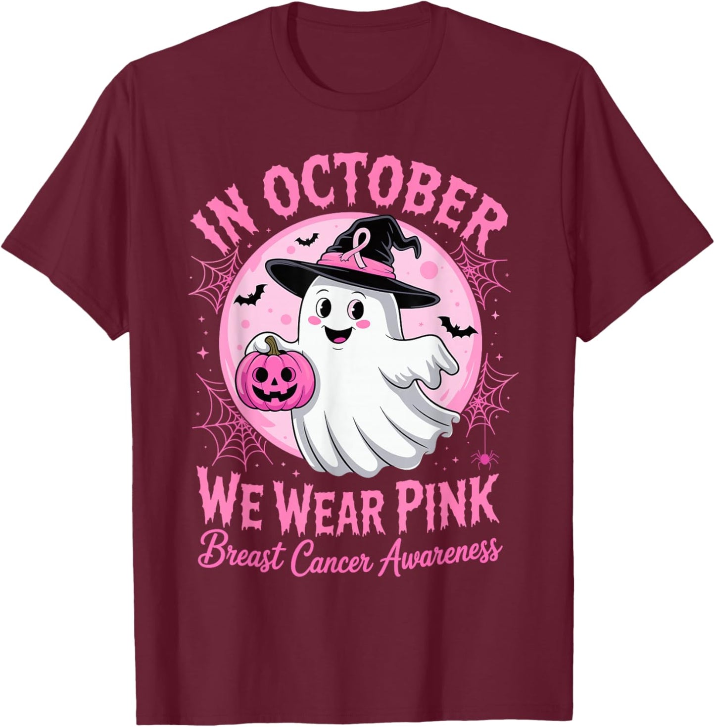 in October We Wear Pink Ghost Pumpkin Breast Cancer Survivor T-Shirt - T-Shirt | Maroon