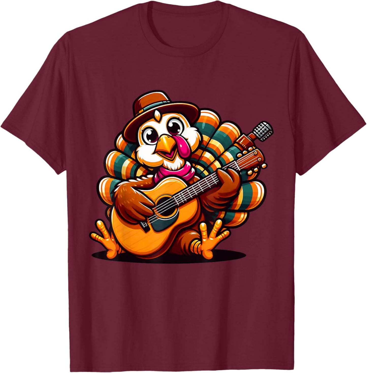 Thanksgiving for Family - Charming Turkey Playing Guitar T-Shirt - T-Shirt | Maroon