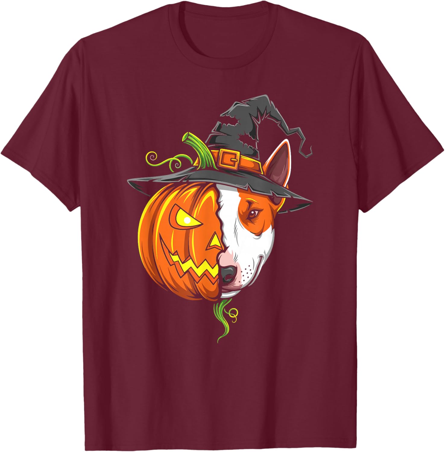 Bull Terrier Pumpkin Jack O Lantern Halloween T-Shirt - T-Shirt | Maroon