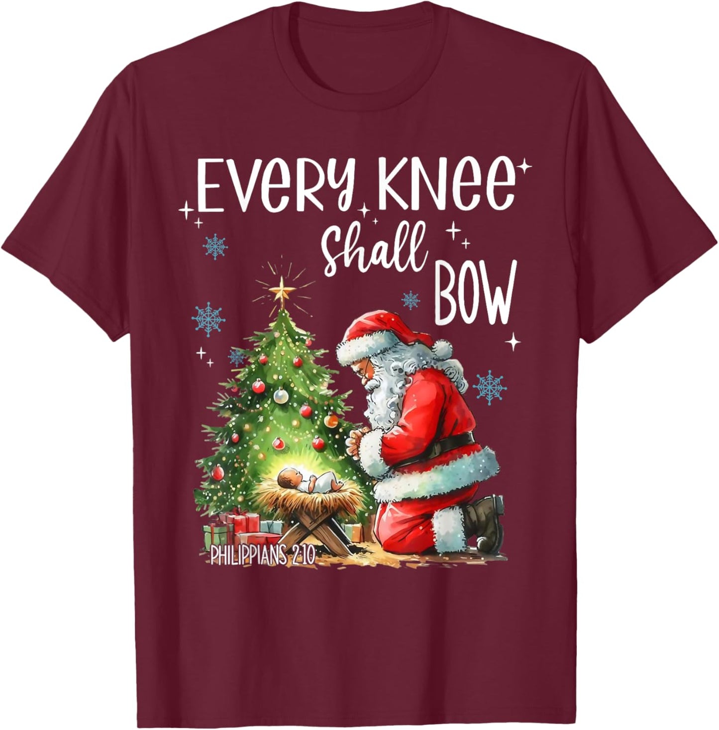 Every Knee Shall Bow Santa Claus Jesus Christian Christmas T-Shirt - T-Shirt | Maroon