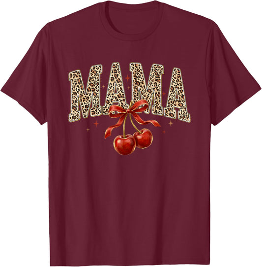 Leopard Mama Cherry Coquette Bow Mother's Day Mom Life Women T-Shirt - T-Shirt | Maroon
