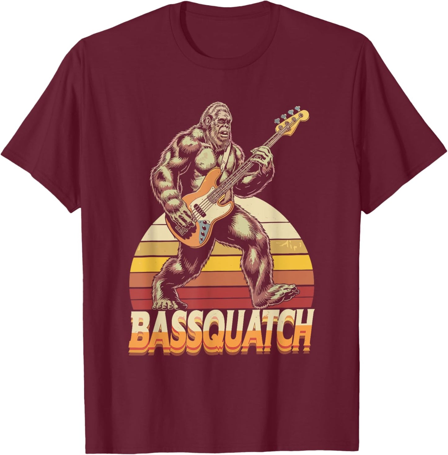 Bassquatch, Retro Bigfoot Bass Guitar Sasquatch T-Shirt - T-Shirt | Maroon