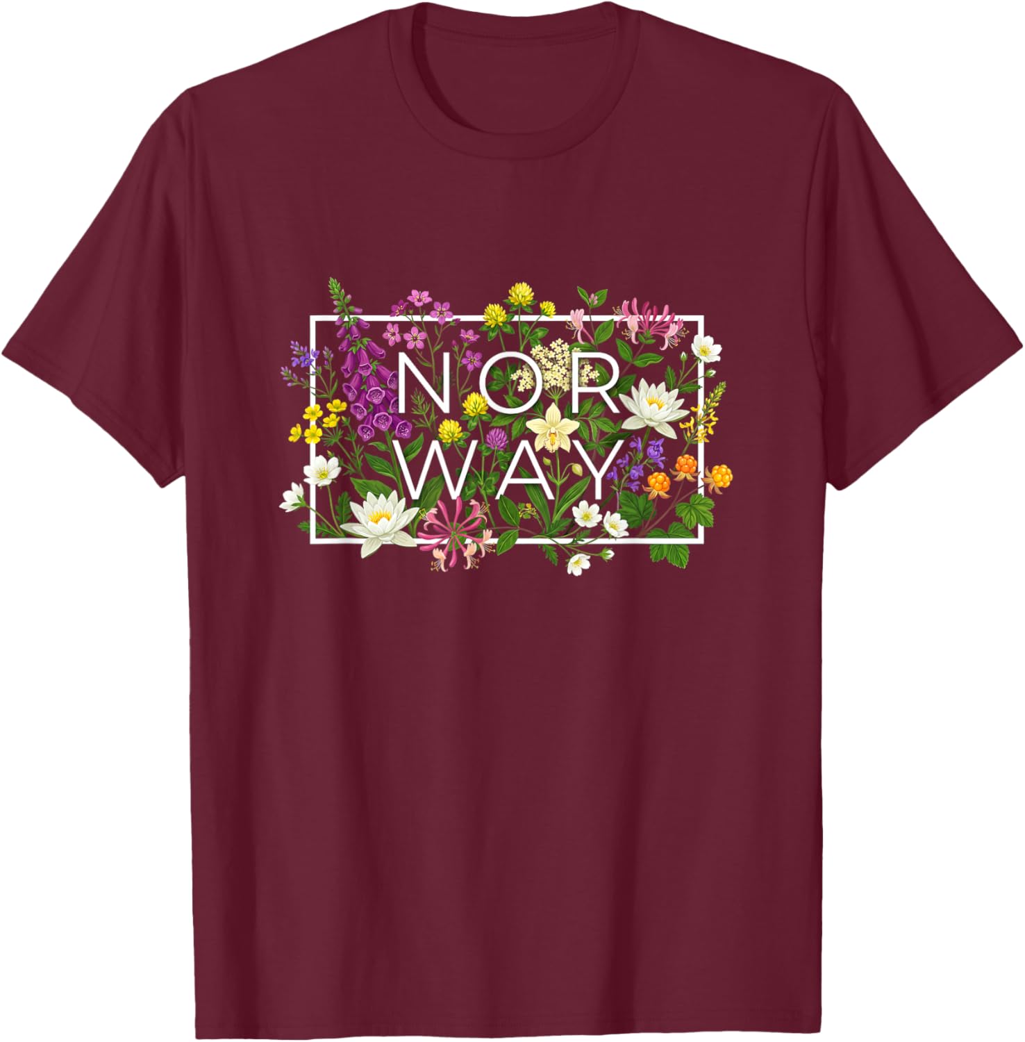 Flowers of Norway Norwegian Horizontal Word Art Souvenir T-Shirt - T-Shirt | Maroon