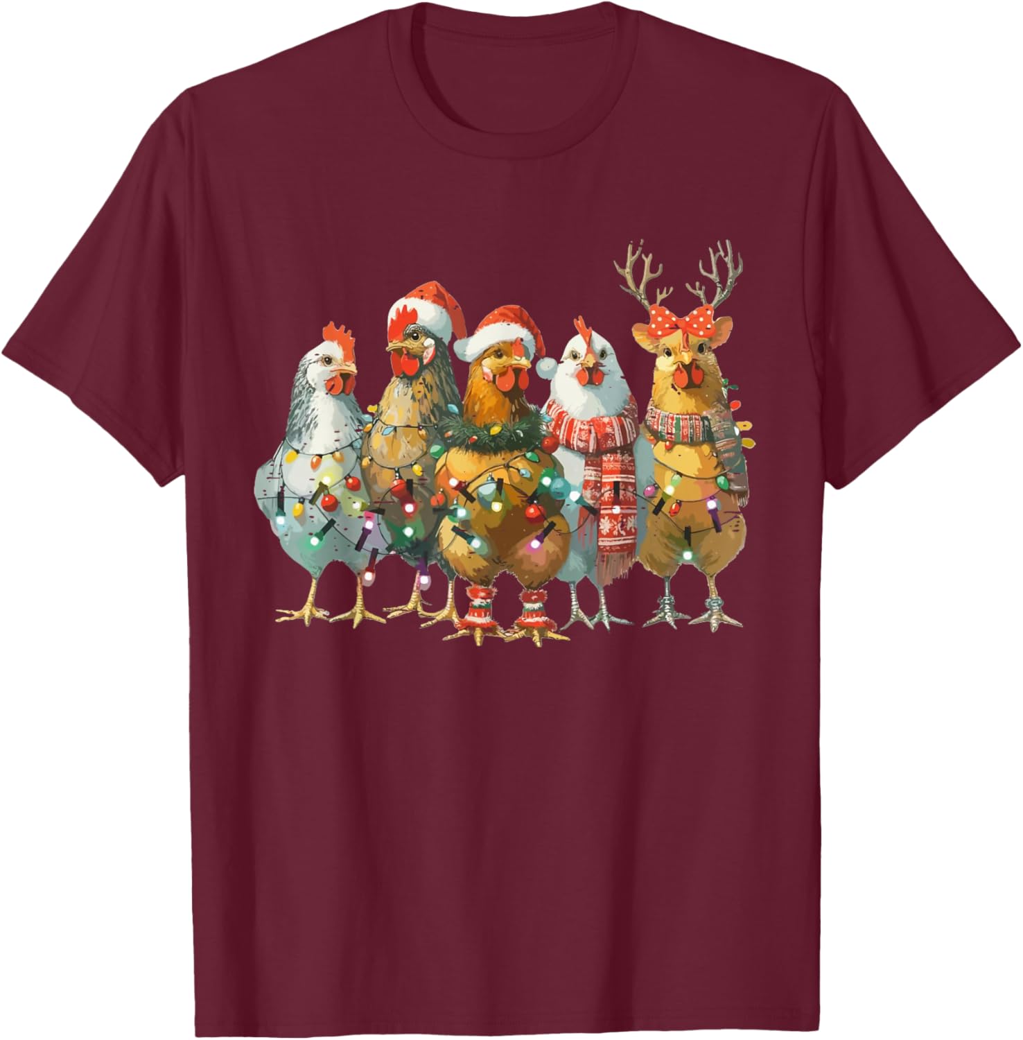 Funny Chicken Christmas Lights Farm Animal Cute Xmas Holiday T-Shirt - T-Shirt | Maroon