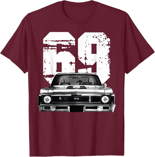 1969 69 Chevys Nova 2 Classic Car Old School Muscle Car T-Shirt - T-Shirt | Maroon