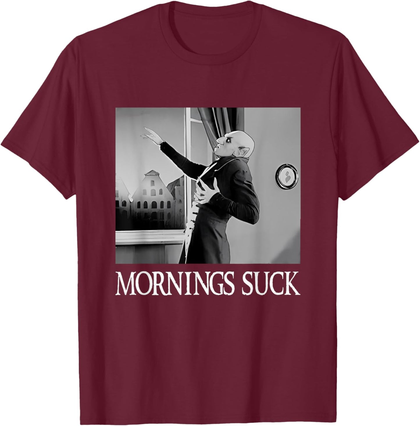 Mornings Suck Funny Halloween Vampire Pun Graphic T-Shirt - T-Shirt | Maroon