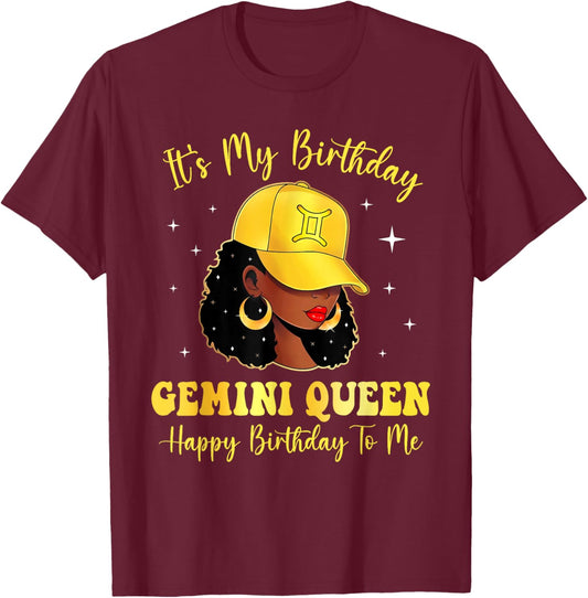 Gemini Queen Black Afro Women Yellow Cap Its My Birthday T-Shirt - T-Shirt | Maroon