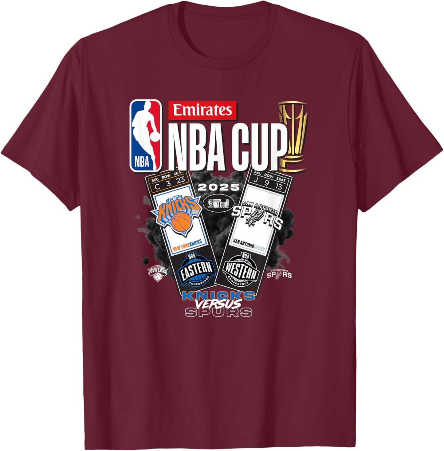 NBA Official Emirates Cup 2025 Finals Knicks vs Spurs T-Shirt - T-Shirt | Maroon