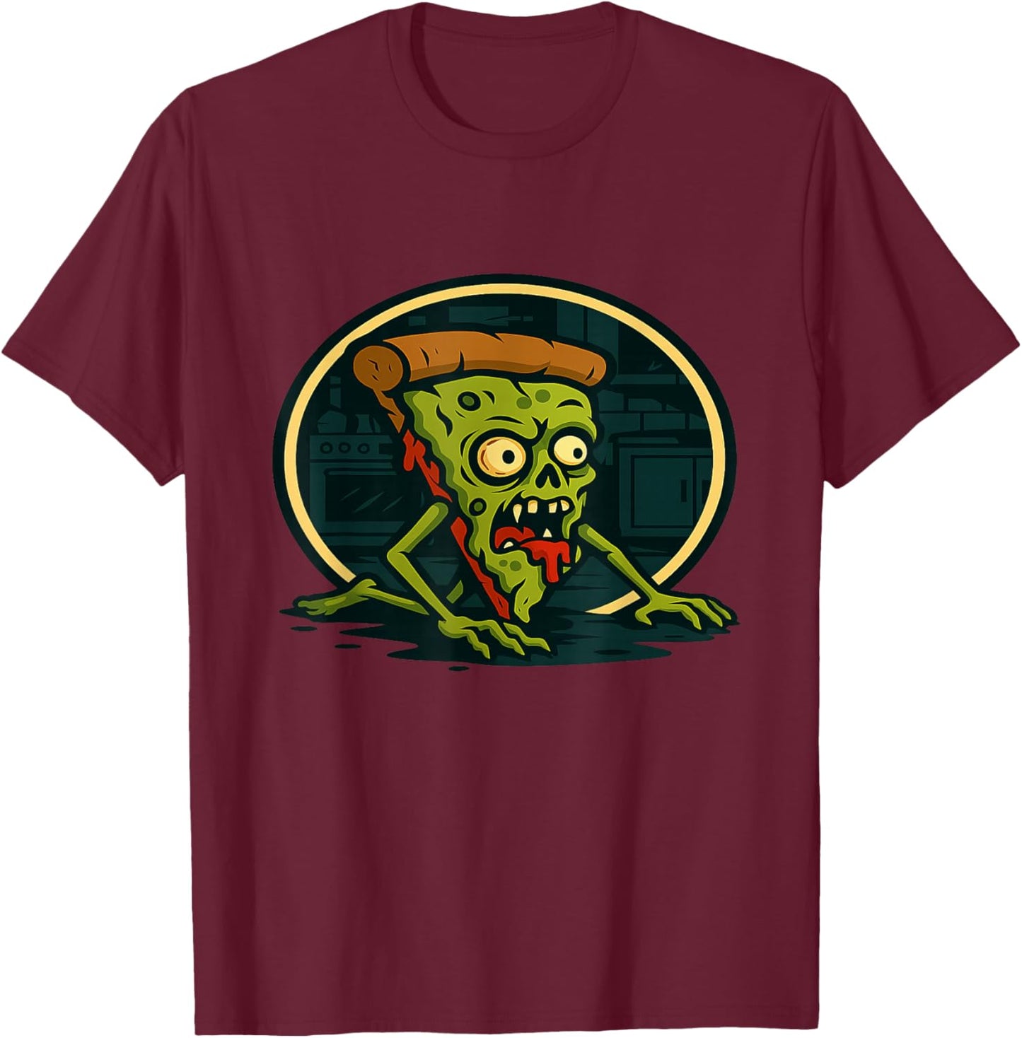 Gory Zombie Pizza Slice Creepy Horror Halloween Artwork T-Shirt - T-Shirt | Maroon