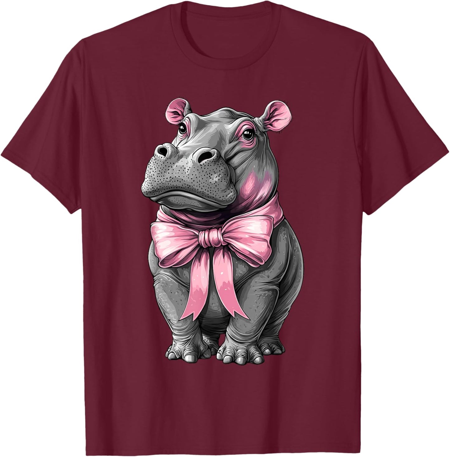 Coquette Bow Hippo Hippopotamus Blushing Girl Mom Pink T-Shirt - T-Shirt | Maroon