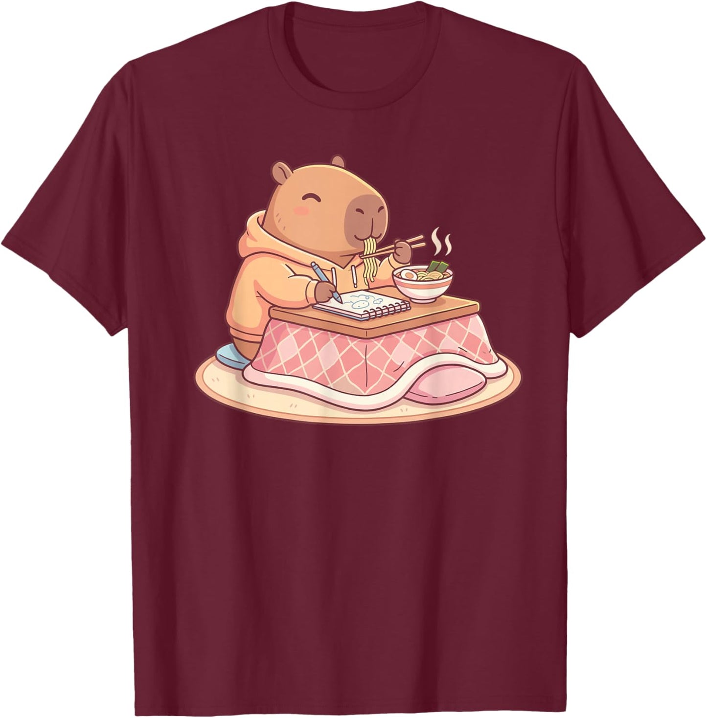 Kawaii Capybara Ramen Anime Drawing Lo-Fi Cozy Vibes T-Shirt - T-Shirt | Maroon