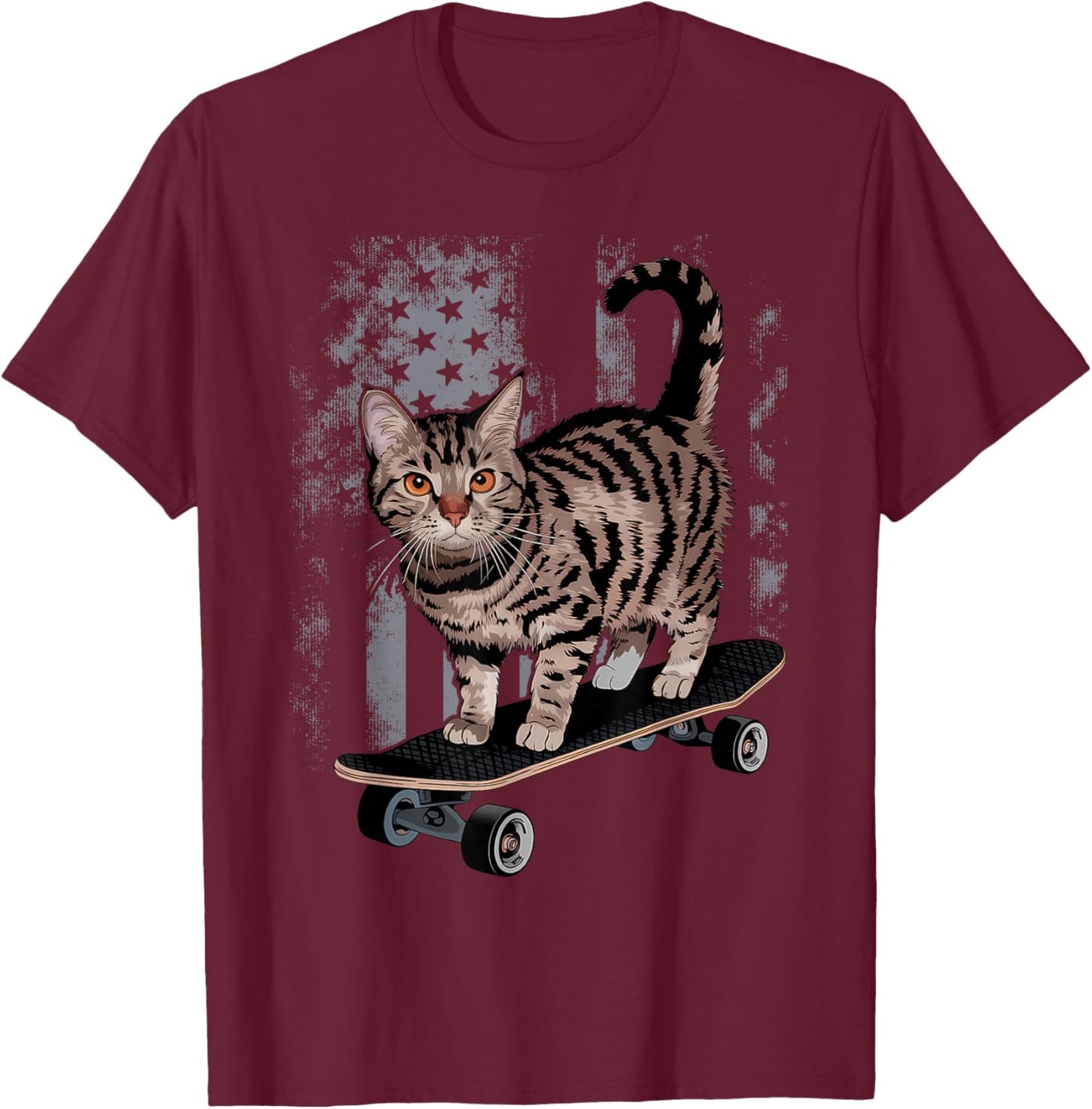 Cat on Skateboard Funny Gray Tabby Kitty T-Shirt - T-Shirt | Maroon