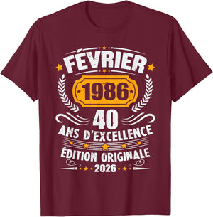Vintage February 1986 40th Birthday Gift Man Woman T-Shirt - T-Shirt | Maroon