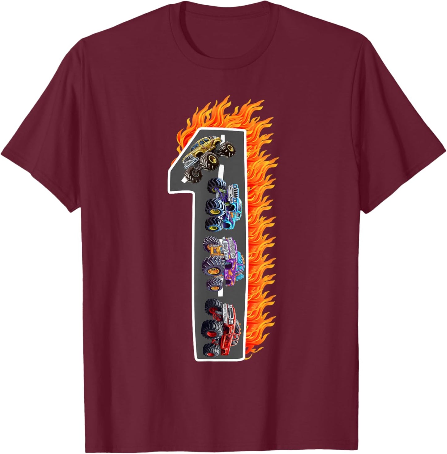 1 Year Old Kids Boys Girls Monster Truck 1st Birthday Kid T-Shirt - T-Shirt | Maroon
