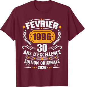 Vintage February 1996 30th Birthday Gift Man Woman T-Shirt - T-Shirt | Maroon