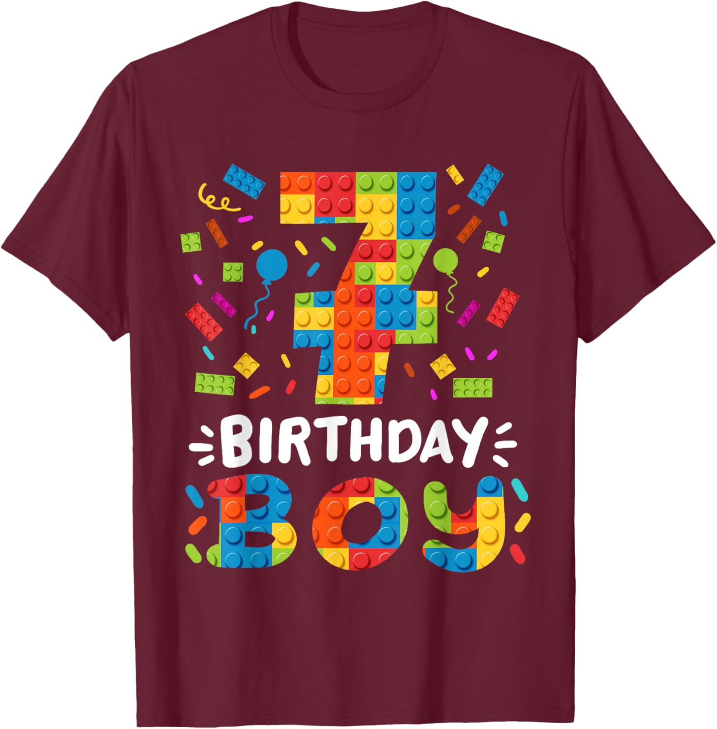 Kids 7 Years Old Building Blocks Builder 7th Birthday Boys T-Shirt - T-Shirt | Maroon