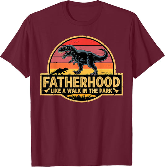 Fatherhood Like A Walk in The Park Retro Dinosaur Dad T-Shirt - T-Shirt | Maroon