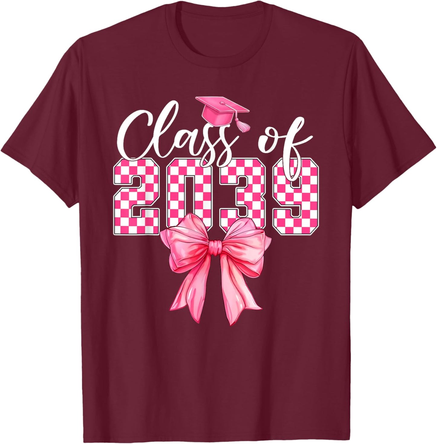Class of 2039 Pink Checkered Graduation Coquette Bow Girl T-Shirt - T-Shirt | Maroon
