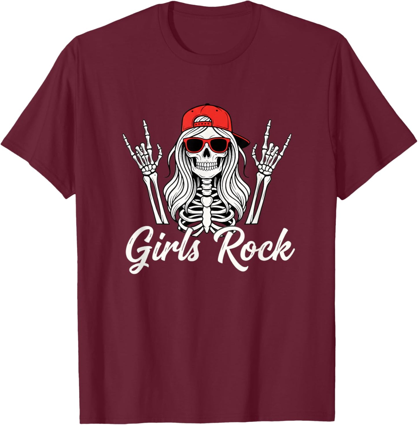 Girls Rock Skeleton Skull Punk Halloween Girls Rocker T-Shirt - T-Shirt | Maroon