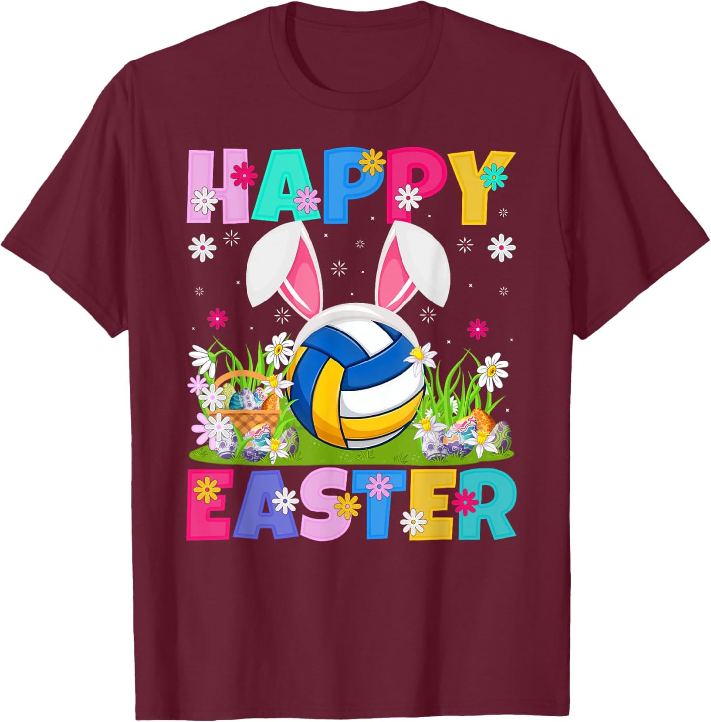 Volleyball Player Easter Egg Hunt Bunny Ear Easter T-Shirt - T-Shirt | Maroon