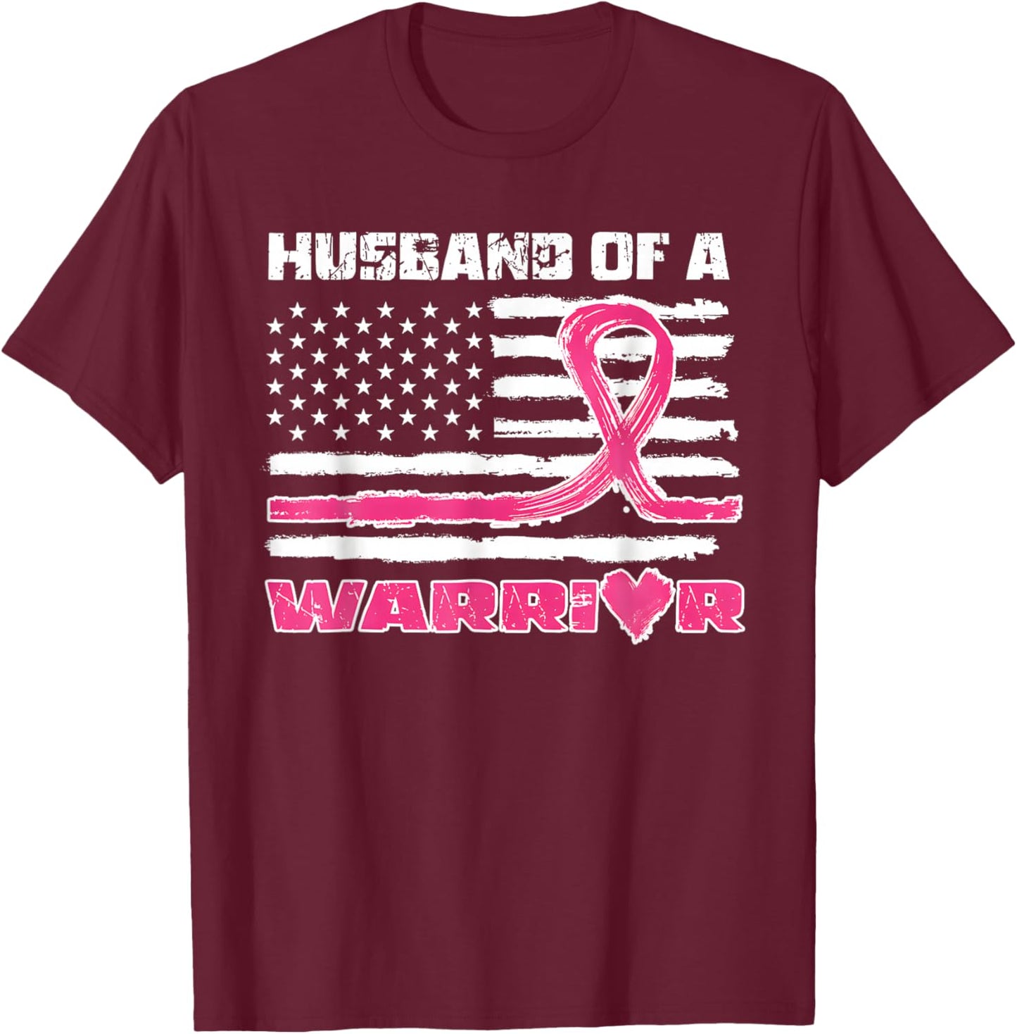 Pink Ribbon American Flag Husband Of A Warrior Breast Cancer T-Shirt - T-Shirt | Maroon