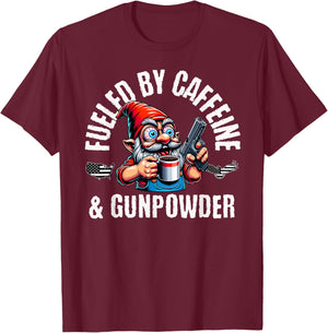 Fueled By Caffeine & Gunpowder, Garden Gnome with Gun T-Shirt - T-Shirt | Maroon