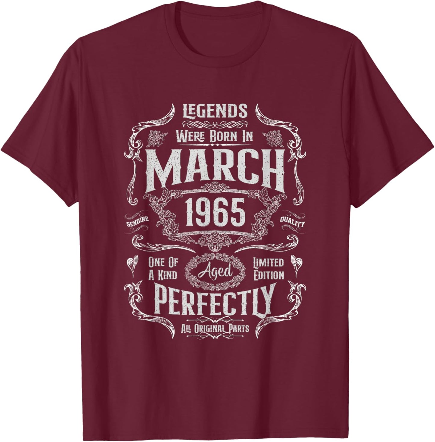 Vintage 61st Birthday Legends were Born in March 1965 T-Shirt - T-Shirt | Maroon
