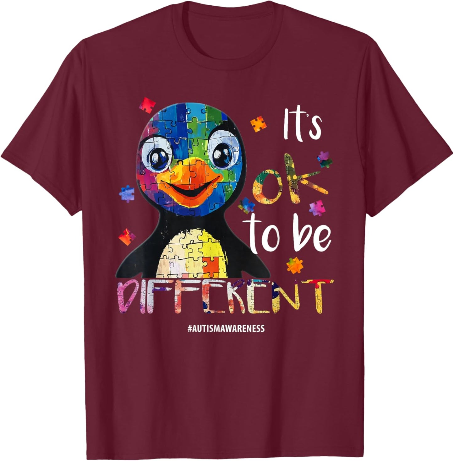 It’s OK to Be Different - Autism Awareness Penguin T-Shirt - T-Shirt | Maroon
