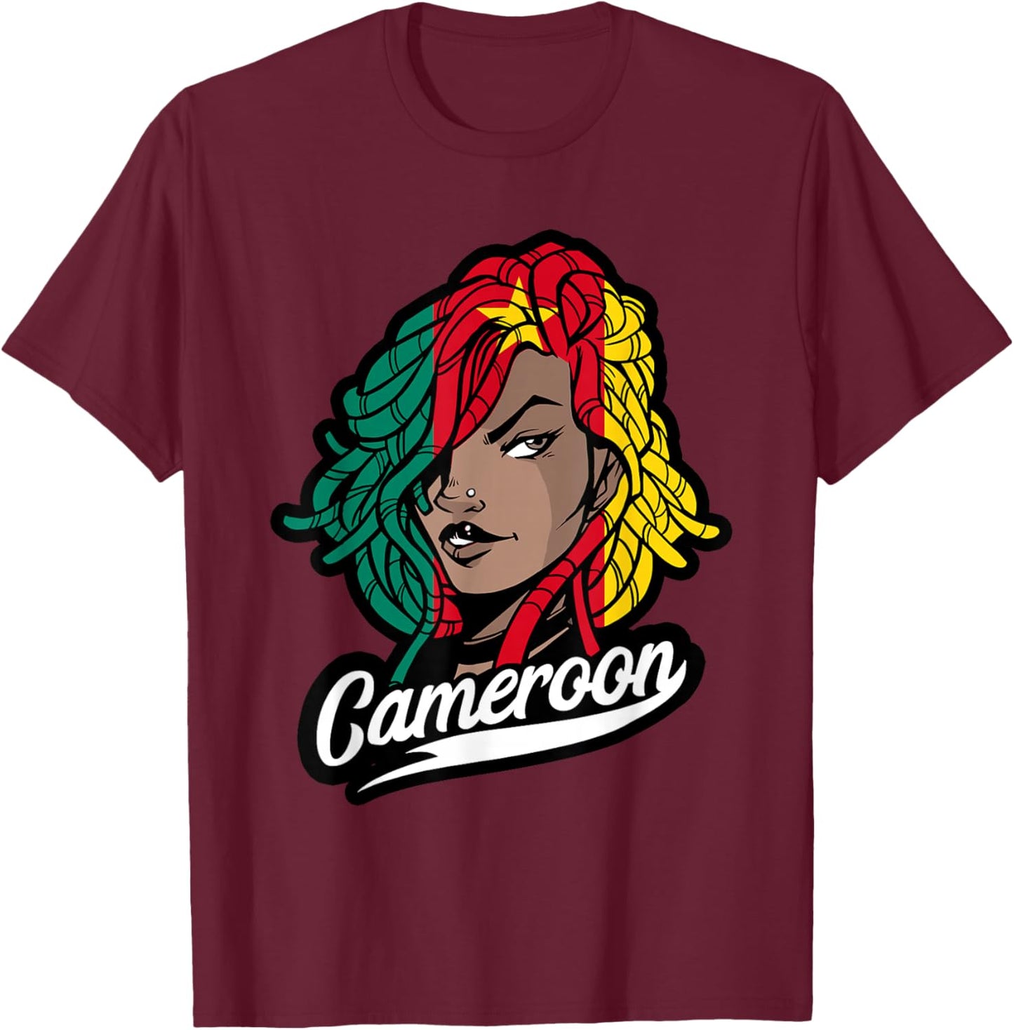 Cameroon Girl Dreadlocks Cameroonian Flag Cameroonian Roots T-Shirt - T-Shirt | Maroon