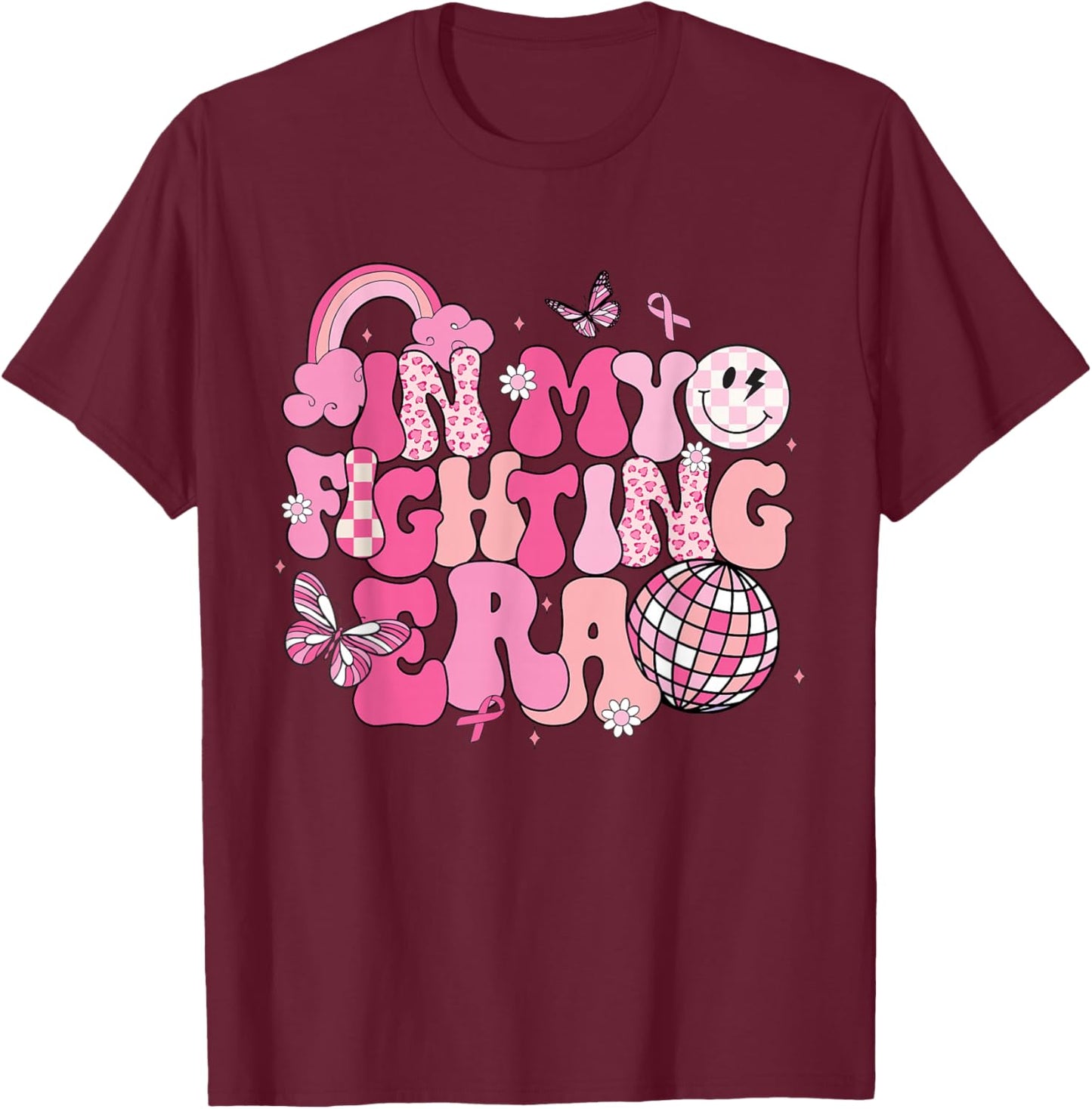 Retro Groovy In My Fighting Era Breast Cancer Awareness T-Shirt - T-Shirt | Maroon