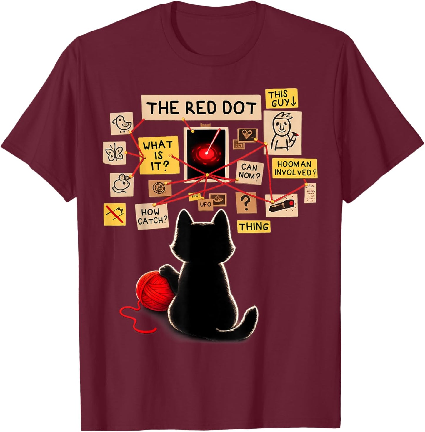 Black Cat Detective Red Dot Investigation Conspiracy Board T-Shirt - T-Shirt | Maroon