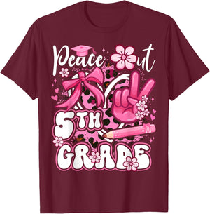 Peace Out 5th Grade Pink Coquette Bow Leopard Graduation T-Shirt - T-Shirt | Maroon
