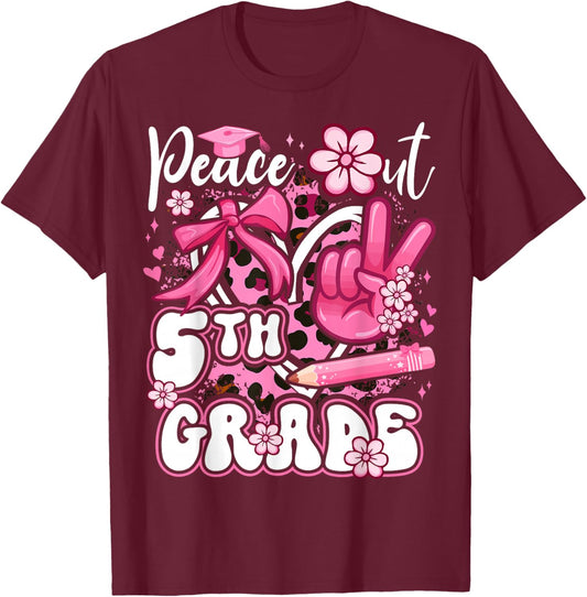 Peace Out 5th Grade Pink Coquette Bow Leopard Graduation T-Shirt - T-Shirt | Maroon