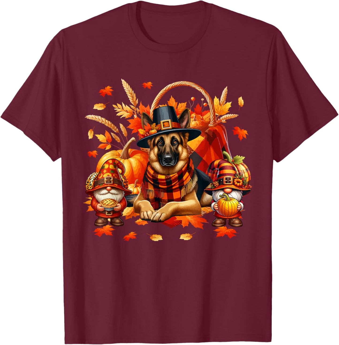 Thanksgiving German Shepherd With Gnomes Fall Pumpkins T-Shirt - T-Shirt | Maroon
