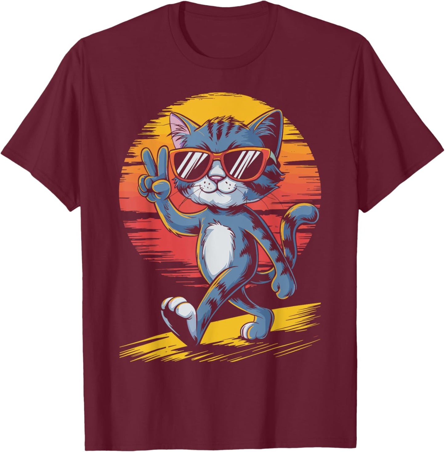 Retro Sunset Cool Cat With Sunglasses Peace Sign T-Shirt - T-Shirt | Maroon