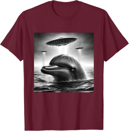 Dolphin Sea Funny Graphic Selfie with UFOs Weird Aliens T-Shirt - T-Shirt | Maroon