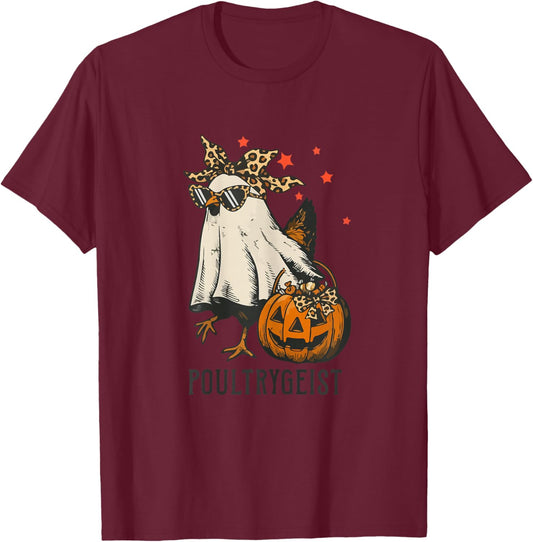 Poultrygeist Chicken Ghost Leopard Coquette Bow Halloween T-Shirt - T-Shirt | Maroon