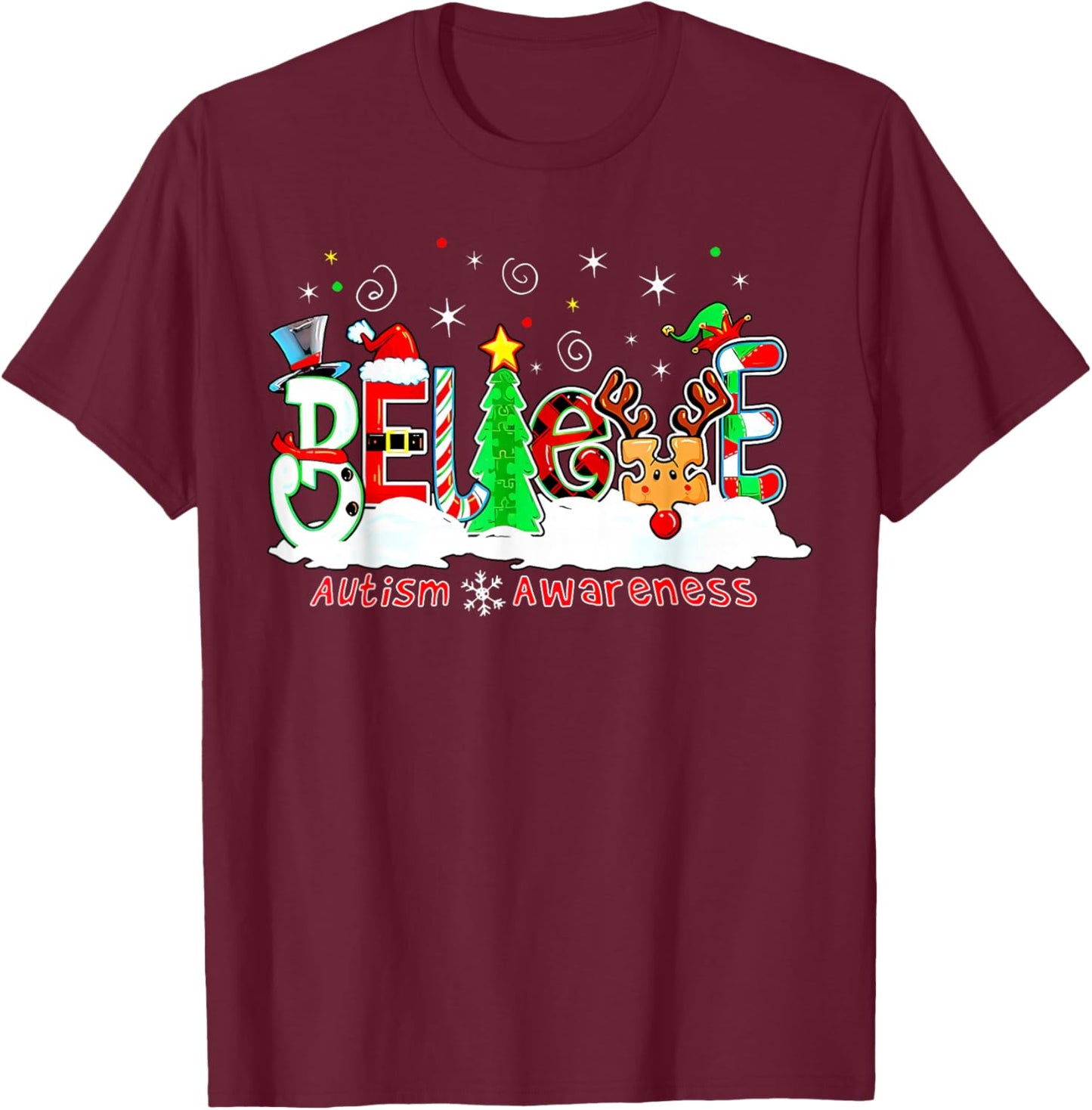 Believe Autism Awareness Christmas Tree Light Santa Reindeer T-Shirt - T-Shirt | Maroon