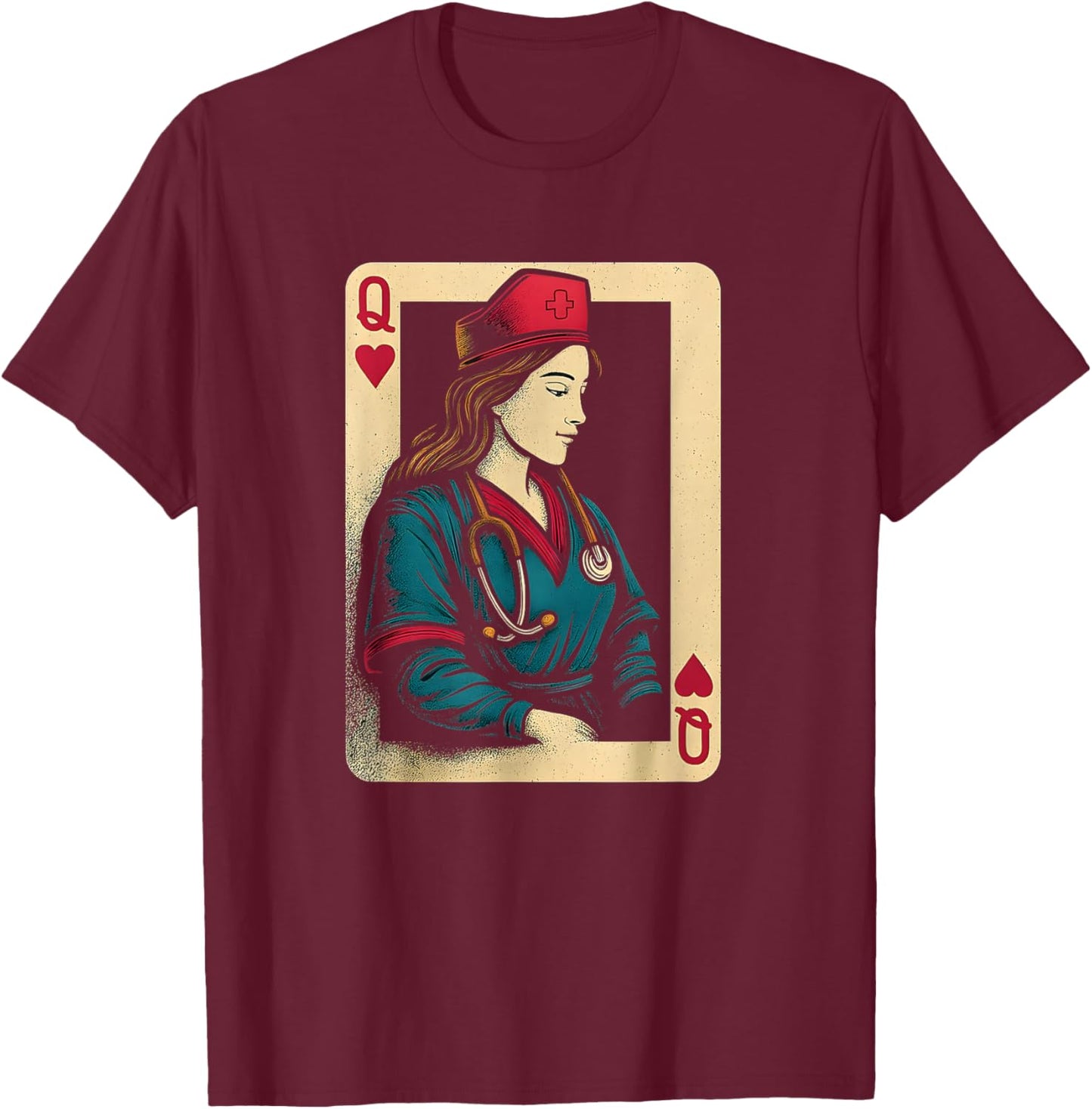 Queen of Heart Nurse Doctor Playing Card T-Shirt - T-Shirt | Maroon