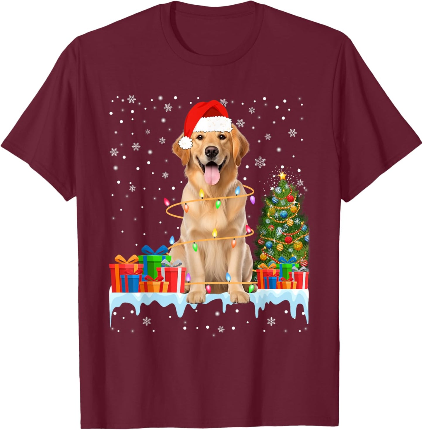Santa Golden Retriever Dog Christmas Lights Xmas Pajamas Men Women Kids T-Shirt - T-Shirt | Maroon