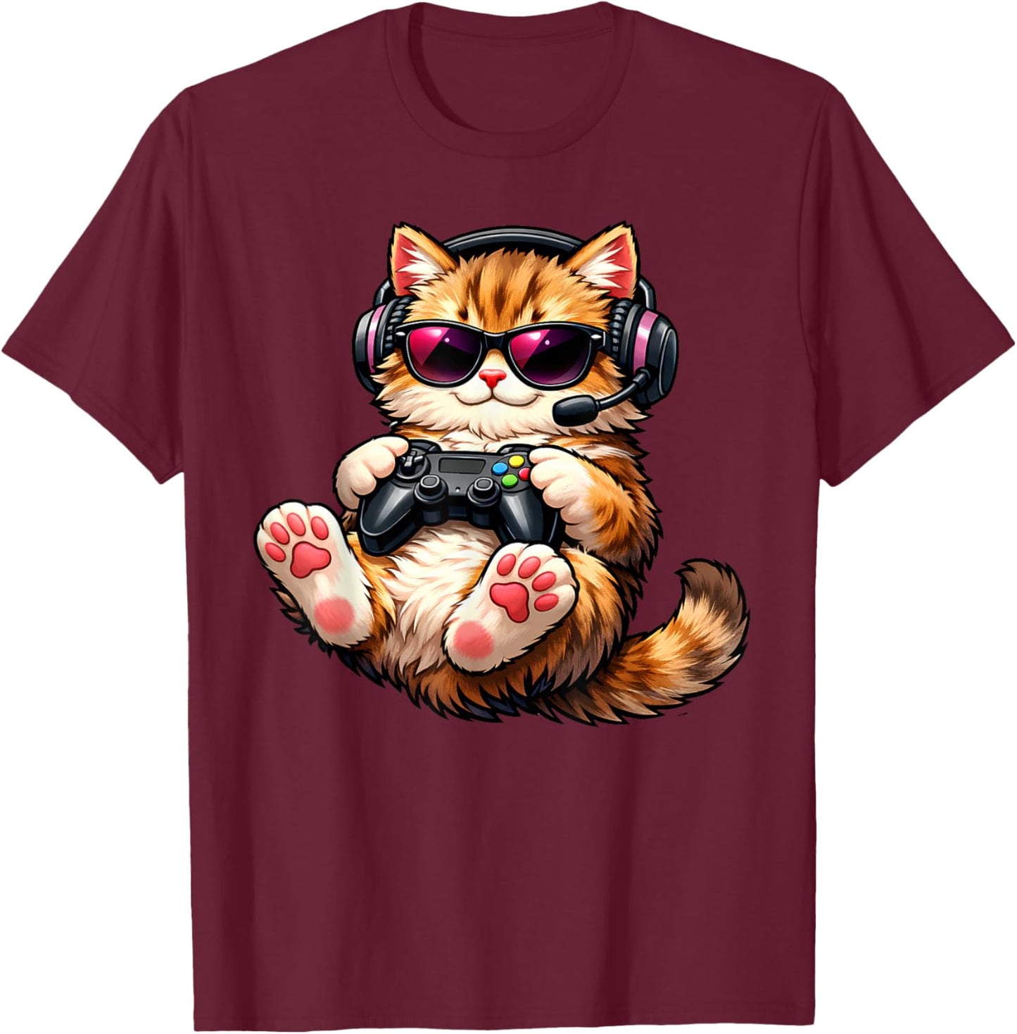 Cat Playing Video Games Funny Cat Gaming T-Shirt - T-Shirt | Maroon