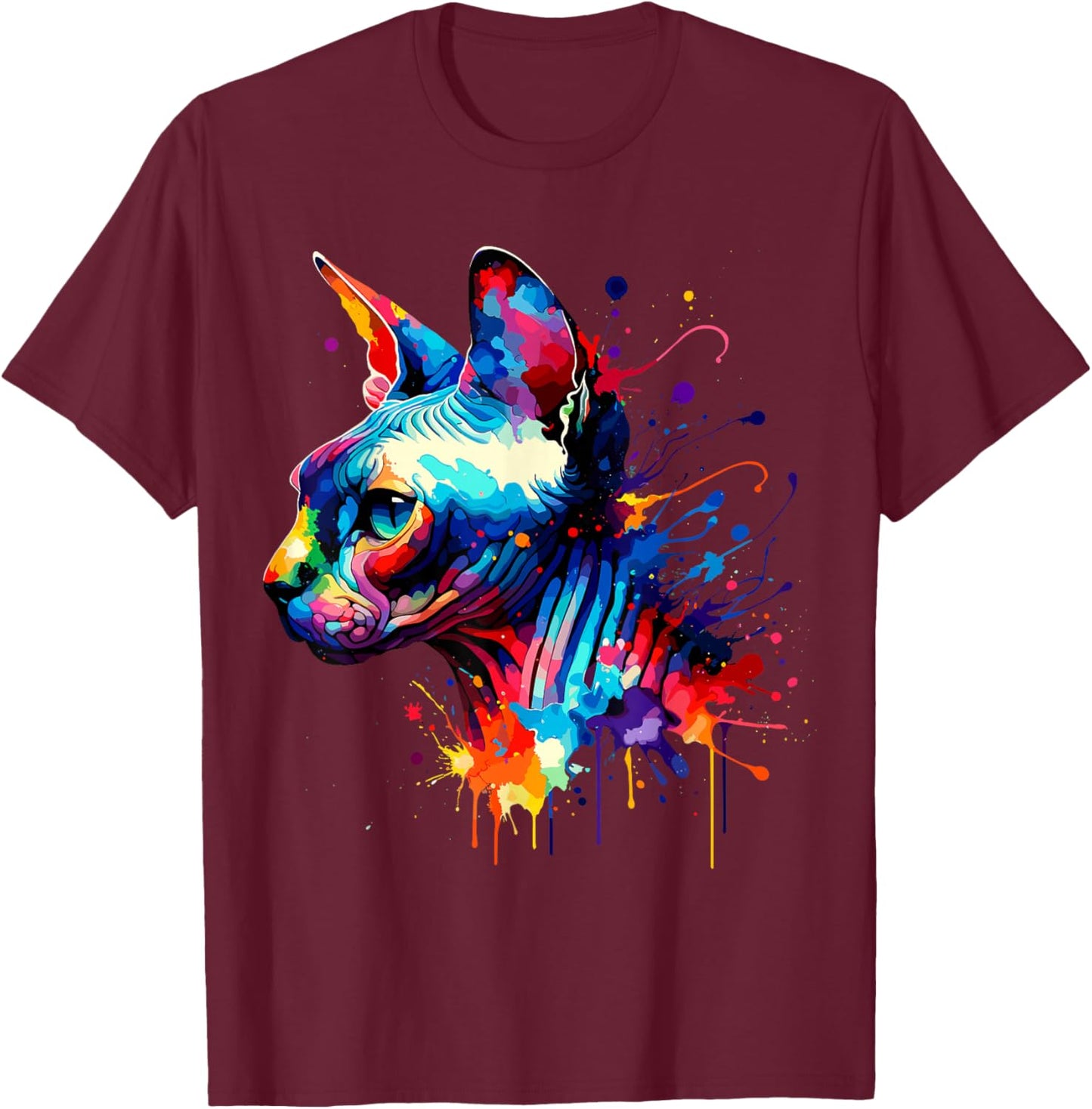 Splash Art Sphynx Cat Canadian Hairless Cat T-Shirt - T-Shirt | Maroon