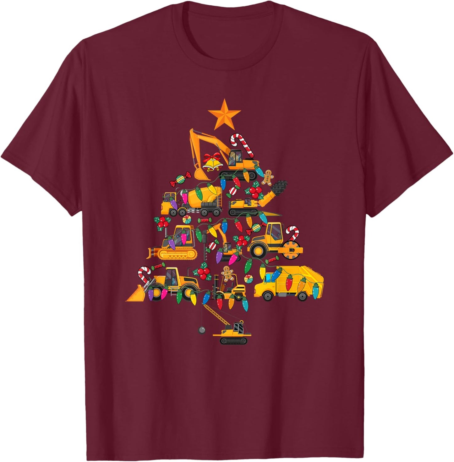 Construction Excavator Christmas Tree Xmas Men Kids T-Shirt - T-Shirt | Maroon
