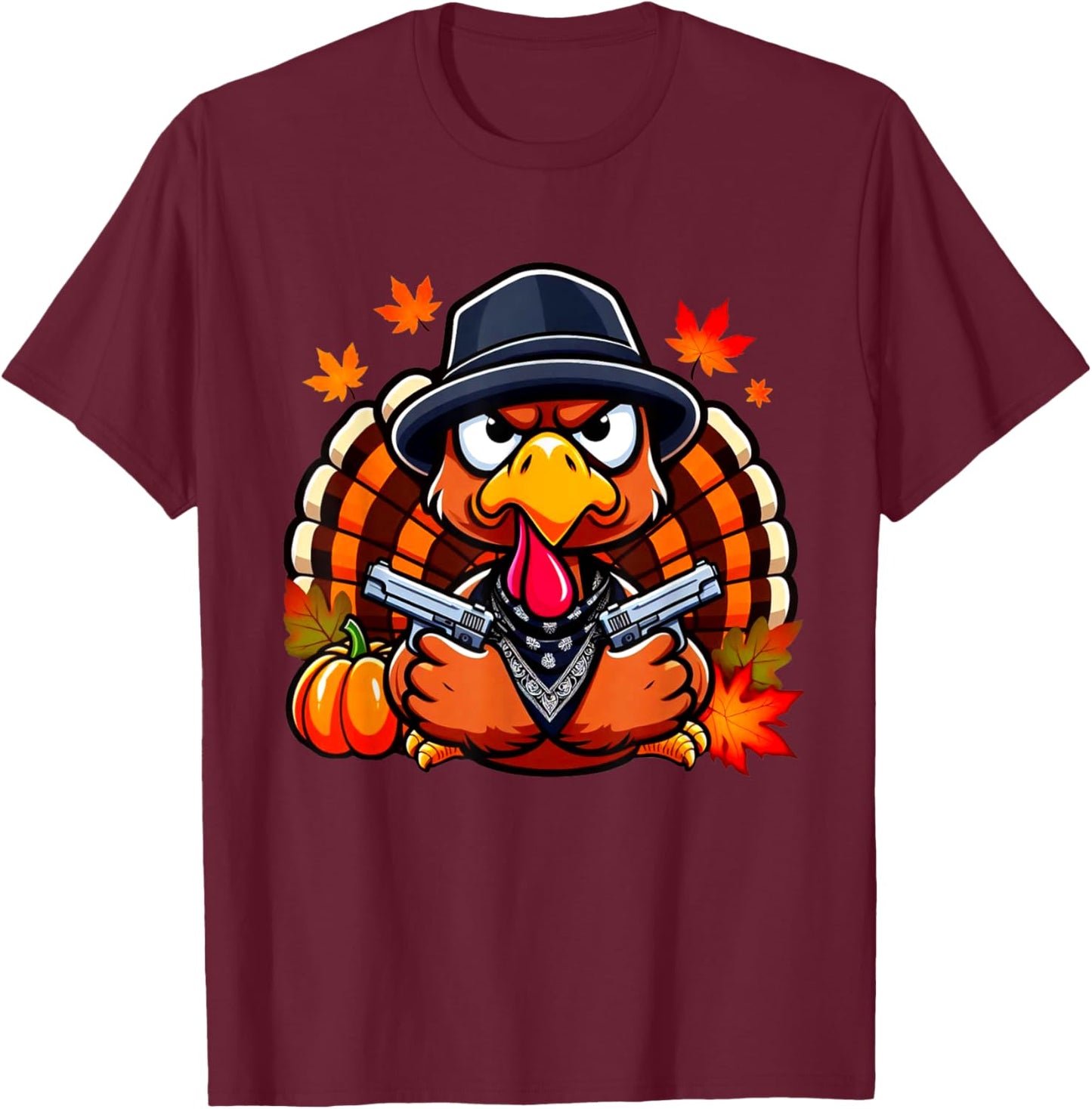 Gangster Thug Thanksgiving Turkey With Gun Angry Turkey T-Shirt - T-Shirt | Maroon
